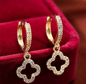 Gold Quatrefoil Drop Hoop Earrings • Crystal Accents • Brand New